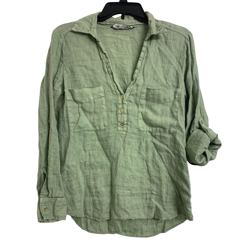 Zara  Sage Green 100% Linen Roll Tab Sleeve V-Neck Button Top Small